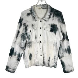 POL Women's Tie Dye Snap Button Shirt Jacket M White Gray Waffle Knit Raw Hem